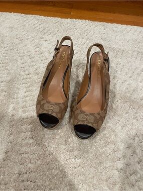 Coach Tan/Brown Signature Canvas Peep-Toe Slingback Heels